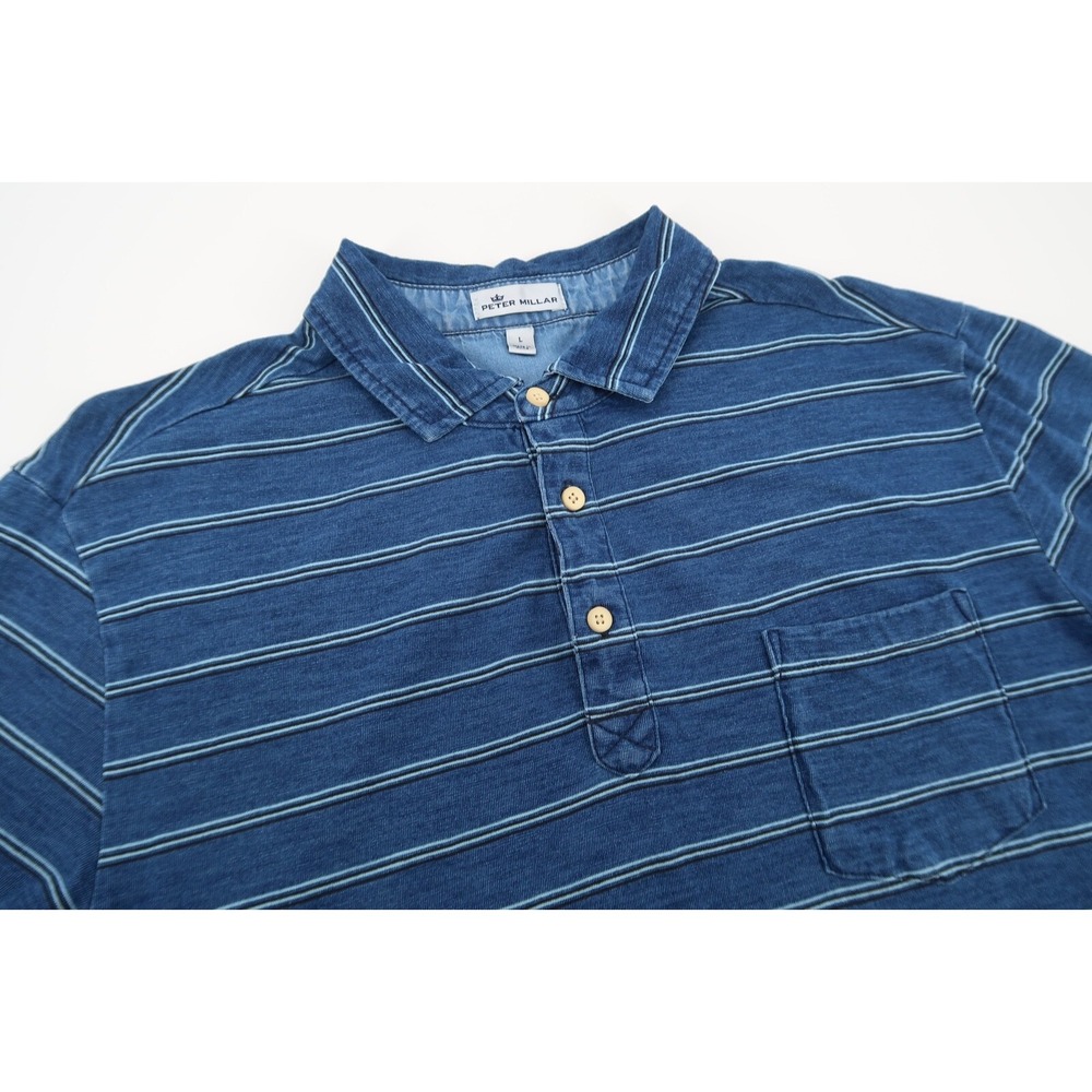 Peter Millar Seaside Mens Large Blue Striped Cotton Polo Shirt Short‎ Sleeve